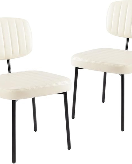 Sweetcrispy Dining Chairs Set of 2, Upholstered Mid Century Modern Kitchen Dining Room Accent Chairs with Faux Leather Cushion Seat & Metal Legs for Kitchen, Living Room - Cream - LeafyLoom