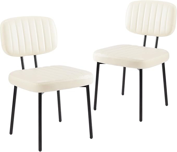 Sweetcrispy Dining Chairs Set of 2, Upholstered Mid Century Modern Kitchen Dining Room Accent Chairs with Faux Leather Cushion Seat & Metal Legs for Kitchen, Living Room - Cream - LeafyLoom