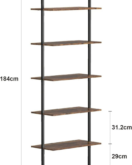 Panana Industrial 5 Tier Ladder Shelf, Open Space Book Shelf Wall Mount Bookshelf with Metal Frame Sturdy Bookcase for Living Room (Brown, 5 Tier) - LeafyLoom