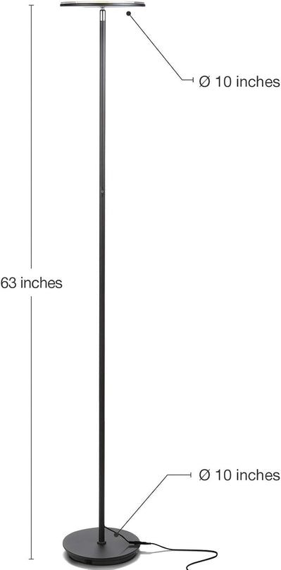 Brightech Sky LED Torchiere Super Bright Floor Lamp - Contemporary, High Lumen Light for Living Rooms & Offices - Dimmable, Indoor Pole Uplight for Bedroom Reading - Black - LeafyLoom