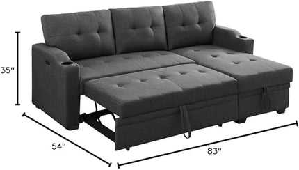 Reversible L-Shaped Sectional Sofa with Storage Chaise, Linen Convertible Pull Out Sleeper Couch Bed w/Cup Holder, USB Charging Port, Side Pocket, Dark Gray, 83 - LeafyLoom