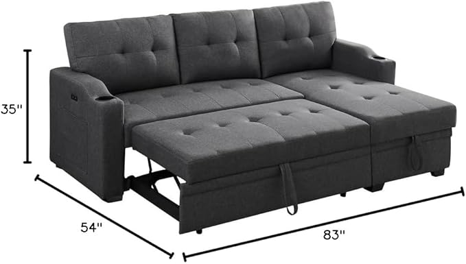 Reversible L-Shaped Sectional Sofa with Storage Chaise, Linen Convertible Pull Out Sleeper Couch Bed w/Cup Holder, USB Charging Port, Side Pocket, Dark Gray, 83 - LeafyLoom