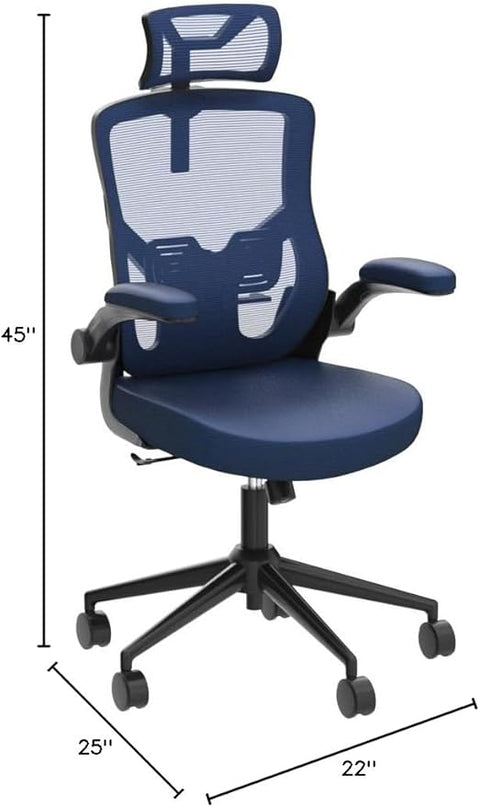 𝑯𝑶𝑴𝑬 𝑶𝑭𝑭𝑰𝑪𝑬 𝑪𝑯𝑨𝑰𝑹, Ergonomic Mesh Desk Chair, High Back Computer Chair- Adjustable Headrest with Flip-Up Arms, Lumbar Support, Swivel Executive Task Chair (Portimao Blue, Modern) - LeafyLoom