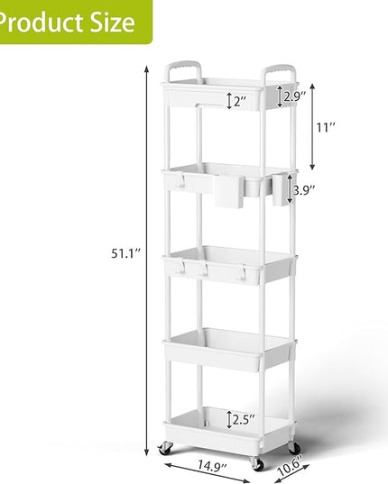 5 Tier Small Rolling Cart Organizer,Bathroom Cart Organizers with Wheels Laundry Room Organization Mobile Shelving Unit Utility Cart Storage Shelves Multi-Functional for Office, Home(White) - LeafyLoom