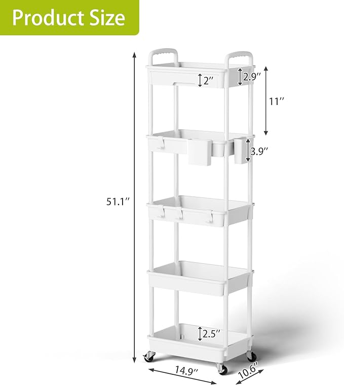 5 Tier Small Rolling Cart Organizer,Bathroom Cart Organizers with Wheels Laundry Room Organization Mobile Shelving Unit Utility Cart Storage Shelves Multi-Functional for Office, Home(White) - LeafyLoom