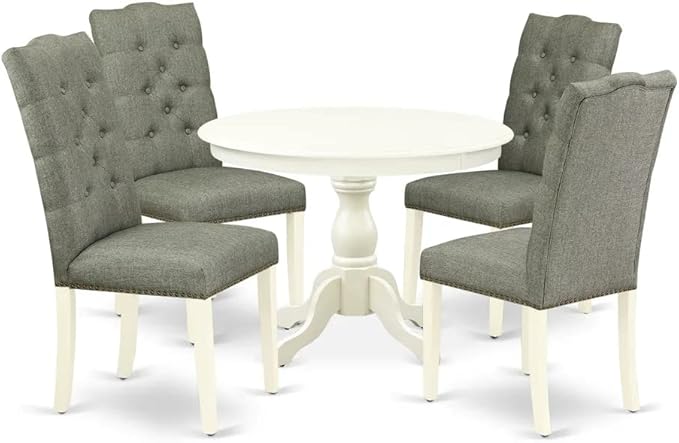 East West Furniture HBEL5-LWH-07 Hartland 5 Piece Kitchen Set Includes a Round Room Table with Pedestal and 4 Gray Linen Fabric Parson Dining Chairs, 42x42 Inch - LeafyLoom