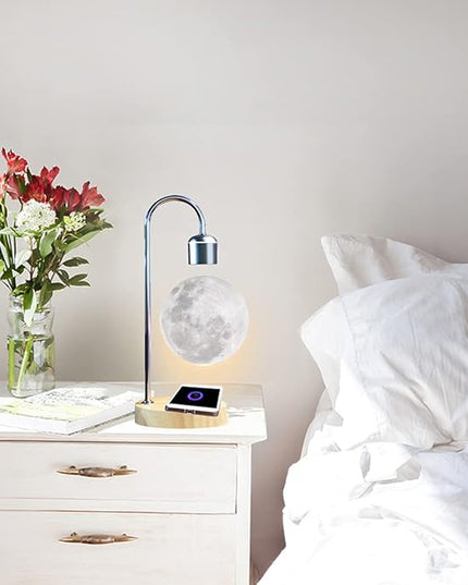 Unique Modern Levitating Moon Lamp with Built-in Qi Wireless Charger, Simplistic and Innovative Design, Warm Decorative LED Light for Home and Office (Silver) - LeafyLoom