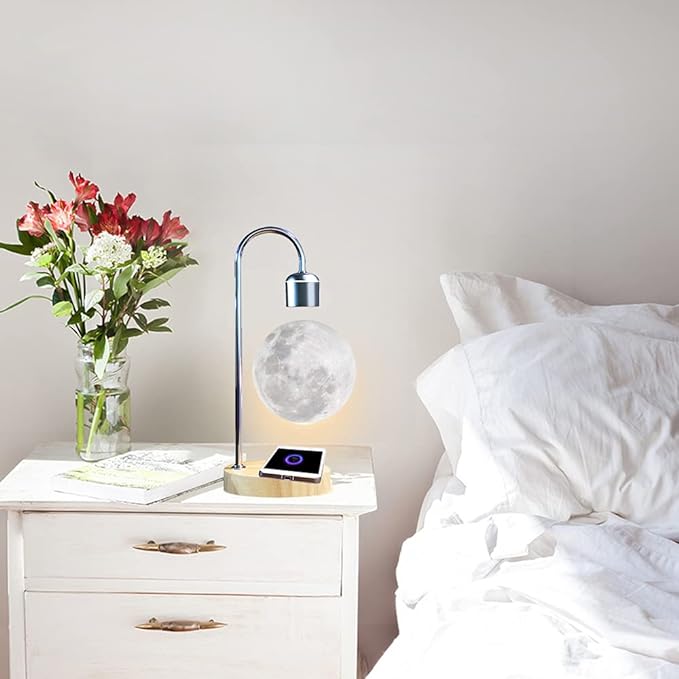 Unique Modern Levitating Moon Lamp with Built-in Qi Wireless Charger, Simplistic and Innovative Design, Warm Decorative LED Light for Home and Office (Silver) - LeafyLoom