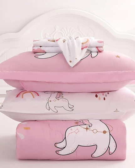 Wajade Kids Pink Unicorn Comforter Set Bed in A Bag Full Size 7 Piece Cute Unicorn Rainbow Clouds Bedding Set for Girls (1 Comforter, 1 Flat Sheet, 1 Fitted Sheet, 2 Pillowcase and 2 Pillow Sham) - LeafyLoom