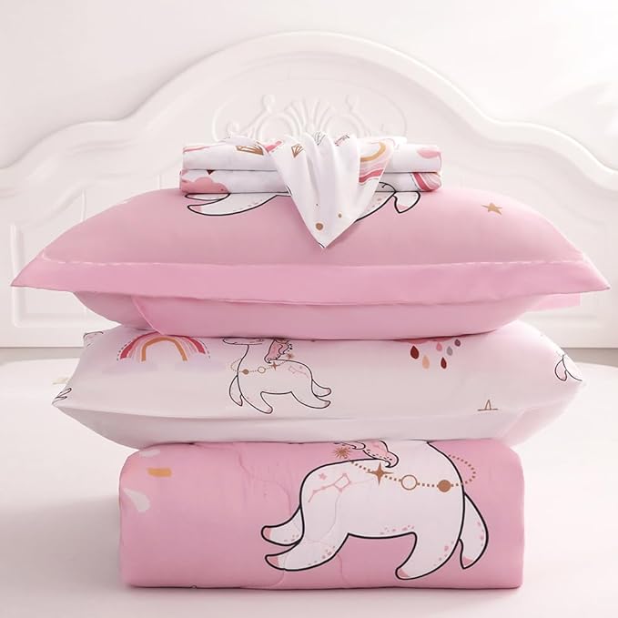 Wajade Kids Pink Unicorn Comforter Set Bed in A Bag Full Size 7 Piece Cute Unicorn Rainbow Clouds Bedding Set for Girls (1 Comforter, 1 Flat Sheet, 1 Fitted Sheet, 2 Pillowcase and 2 Pillow Sham) - LeafyLoom