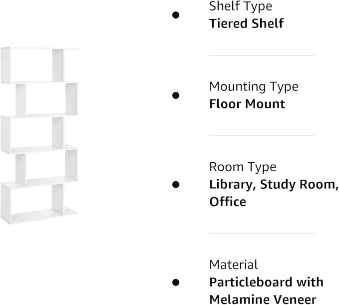 VASAGLE Wooden Bookcase, Display Shelf and Room Divider, Freestanding Decorative Storage Shelving, 5-Tier Bookshelf, White - LeafyLoom