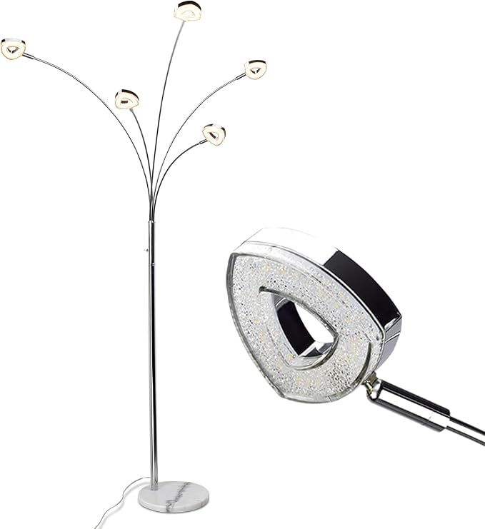DINGLILIGHTING DLLT 5 Head Arc Floor Lamps for Living Room, Spider Lamps with 5 Adjustable Arms, Modern Tree Standing Lamp for Bedroom, Office, 3 Brightness Level, Warm White, Sliver - LeafyLoom