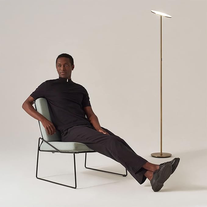 Brightech Sky LED Floor lamp for Living Rooms & Offices -Torchiere Super Bright , Dimmable, Tall Standing Lamp for Bedroom Reading - Gold Brass - LeafyLoom