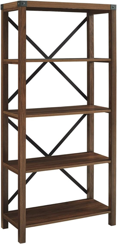 Walker Edison 4 shelves Andersen Urban Industrial Metal X Back Bookshelf, 64 Inch, Dark Walnut - LeafyLoom