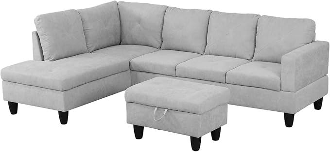 ROOMTEC 3 Piece L Shape Sectional Sofa Set, Upholstered Corner Couch with Storage Ottoman & Left Chaise Lounge, Flannelette Tufted Cushions, for Living Room, Apartment, Grey White - LeafyLoom