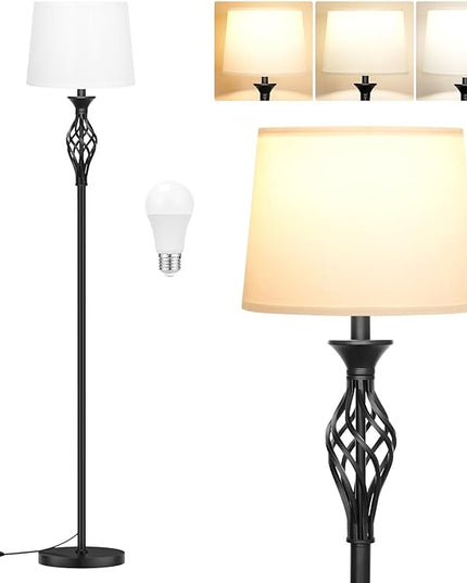 Ambimall Floor Lamps for Living Room - 3 Color Temperature Standing Lamp, Farmhouse Black Floor Lamp with White Shade, Vintage Modern Tall Light for Bedroom Office Corner(9W Bulb Included) - LeafyLoom