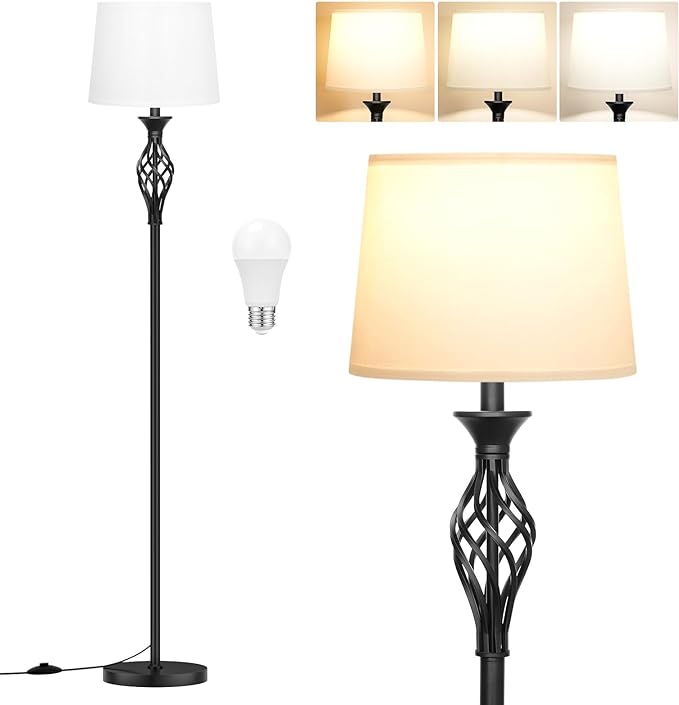 Ambimall Floor Lamps for Living Room - 3 Color Temperature Standing Lamp, Farmhouse Black Floor Lamp with White Shade, Vintage Modern Tall Light for Bedroom Office Corner(9W Bulb Included) - LeafyLoom