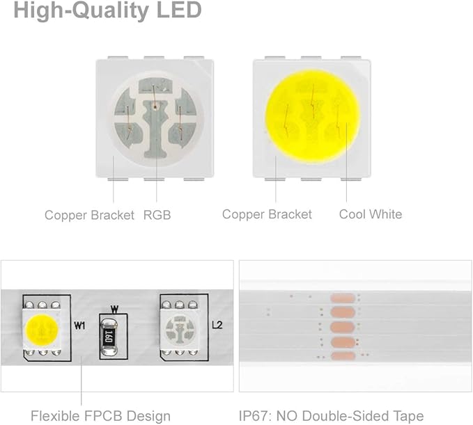 BTF-LIGHTING 5050 RGBW RGB+Cool White(6000K-7000K) 150RGB+150White LED Tape Light 5m 16.4ft 60LED/m Multi-Colored IP67 12mm Width FPCB DC12V for Bedroom Home Decoration(No Adapter or Controller) BTF-LIGHTING
