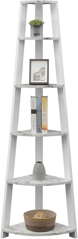 Convenience Concepts Newport 5-Tier Corner Bookshelf, White Faux Marble/White - LeafyLoom