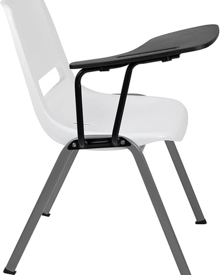 Flash Furniture HERCULES White Ergonomic Shell Chair with Right Handed Flip-Up Tablet Arm - LeafyLoom