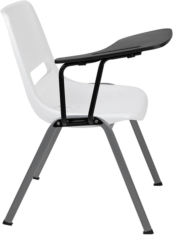 Flash Furniture HERCULES White Ergonomic Shell Chair with Right Handed Flip-Up Tablet Arm - LeafyLoom