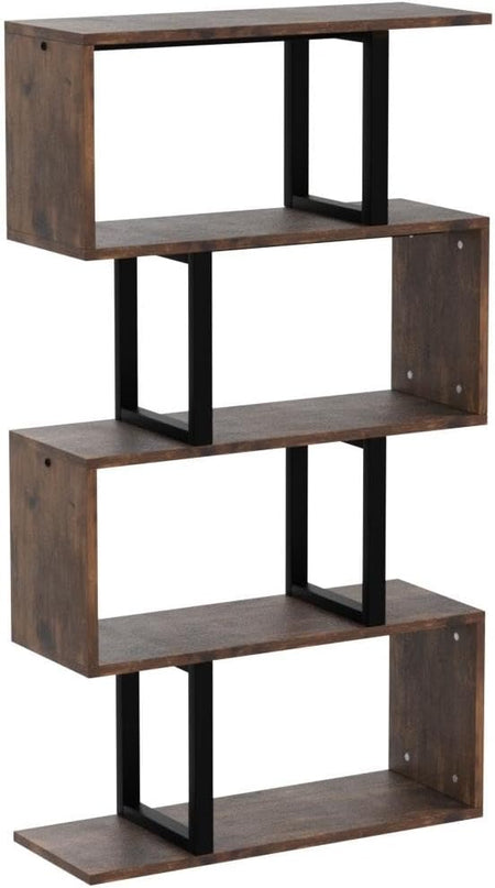 YITAHOME 5 Tiers Bookshelf, Modern S-Shaped Z-Shelf Style Bookshelves, Multifunctional Geometric Bookcase Storage Display Shelf for Living Room Bedroom Home Office, Retro Brown - LeafyLoom