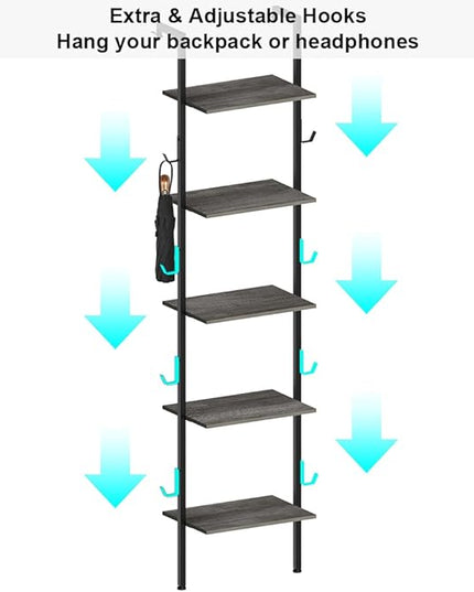 Retro Bookshelf Wall Mounted 5-Tiers Ladder Shelf Dark Grey Narrow Thin Bookshelf Farm House Open Display Storage Rack for Living Room Bedroom Home Office - LeafyLoom