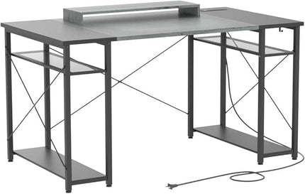 armocity Computer Desk with LED Lights, 48 Inch Reversible Large Desk with Power Outlet and USB, 48'' Gaming PC Table with Moveable Monitor Stand for Home Office, Workstation, Grey and Black - LeafyLoom