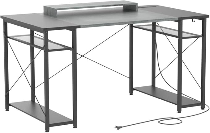 armocity Computer Desk with LED Lights, 48 Inch Reversible Large Desk with Power Outlet and USB, 48'' Gaming PC Table with Moveable Monitor Stand for Home Office, Workstation, Grey and Black - LeafyLoom