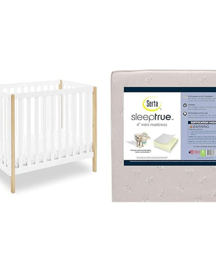 Delta Children Gio Mini Crib with 2.75" Mattress Included, Bianca White/Natural & Serta SleepTrue Mini Crib Mattress, Premium Sustainably Sourced Fiber Core - LeafyLoom