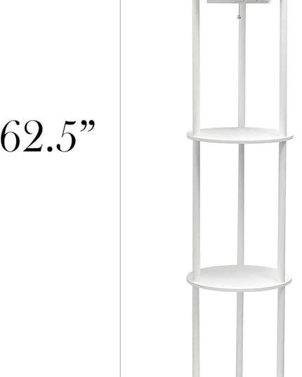 Simple Designs 62.5" LF2010-WHT Round Modern Shelf Etagere Organizer Storage Floor Lamp with 2 USB Charging Ports, 1 Charging Outlet and Linen Shade for Living Room Bedroom Office, White - LeafyLoom