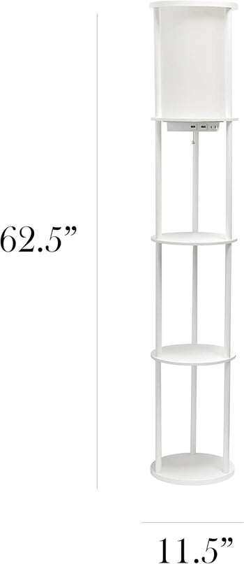 Simple Designs 62.5" LF2010-WHT Round Modern Shelf Etagere Organizer Storage Floor Lamp with 2 USB Charging Ports, 1 Charging Outlet and Linen Shade for Living Room Bedroom Office, White - LeafyLoom