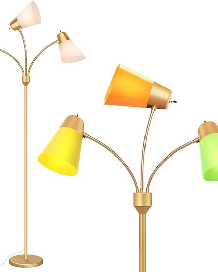 FOLKSMATE LED Floor Lamp, Medusa 3 Head Modern Adjustable Gooseneck Tall Standing Light for Living/Kids Room, Bedroom, Brass Gold - LeafyLoom