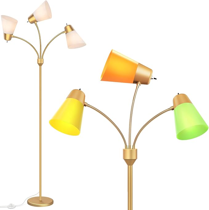 FOLKSMATE LED Floor Lamp, Medusa 3 Head Modern Adjustable Gooseneck Tall Standing Light for Living/Kids Room, Bedroom, Brass Gold - LeafyLoom