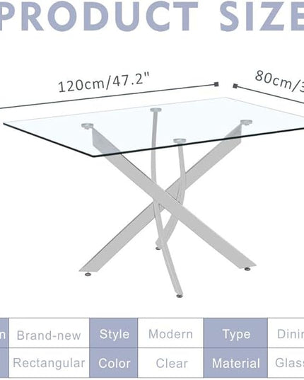 Tempered Glass Dining Table with Chromed Legs,47" Modern Rectangular Kitchen Table for Dining Room Kitchen,Sliver - LeafyLoom