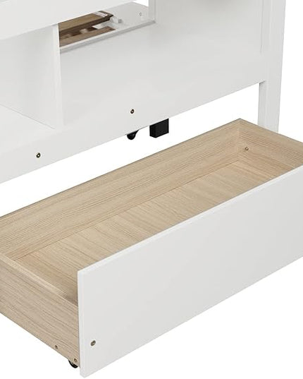 Wooden Bunk Bed Twin Over Twin/King Size with Stairs Storage and Trundle, Extendable Bunkbeds with Two Open Shelves and Drawer, for Kids Teens Adults Bedroom, White - LeafyLoom