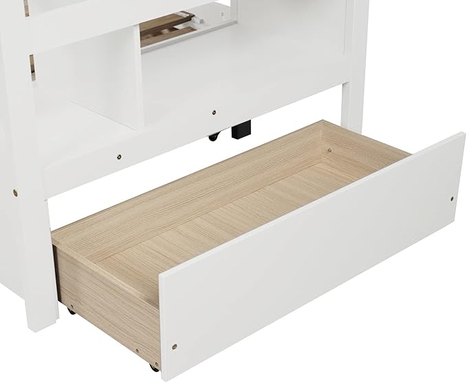 Wooden Bunk Bed Twin Over Twin/King Size with Stairs Storage and Trundle, Extendable Bunkbeds with Two Open Shelves and Drawer, for Kids Teens Adults Bedroom, White - LeafyLoom