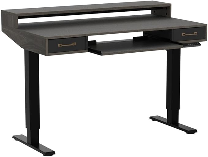 FEZIBO 48 x 24 Inch Height Adjustable Electric Standing Desk with Double Drawers&Keyboard Tray, Stand Up Desk with LED Strips, Sit Stand Desk with Monitor Stand, Rustic Grey - LeafyLoom