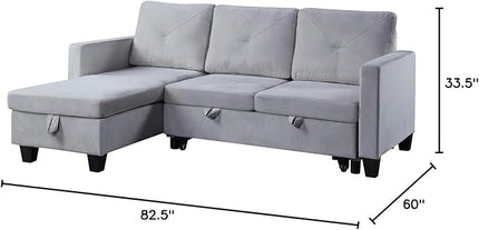 L-Shape Convertible Sleeper Sectional Sofa, with Storage Chaise & Pull-Out Bed, 82.5" Linen Upholstered Reversible Corner 3 Person Couch, Button Tufted Backrest, for Apartment - Light Gray - LeafyLoom