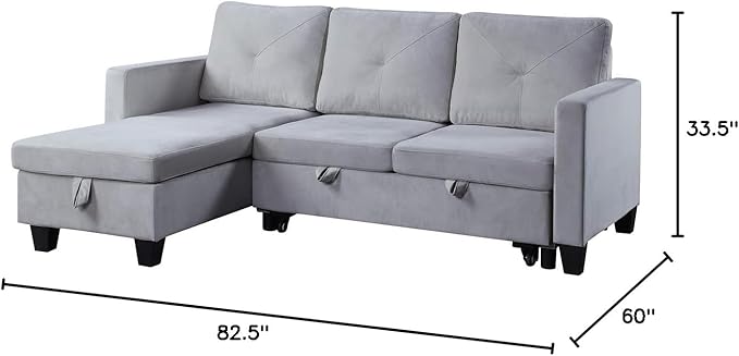 L-Shape Convertible Sleeper Sectional Sofa, with Storage Chaise & Pull-Out Bed, 82.5" Linen Upholstered Reversible Corner 3 Person Couch, Button Tufted Backrest, for Apartment - Light Gray - LeafyLoom