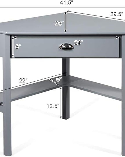 Nightcore Small, Wood Computer Desk, Compact Writing w/Drawer & Storage Shelves, Space Saving Study Workstation, Laptop PC Corner Table, Grey - LeafyLoom