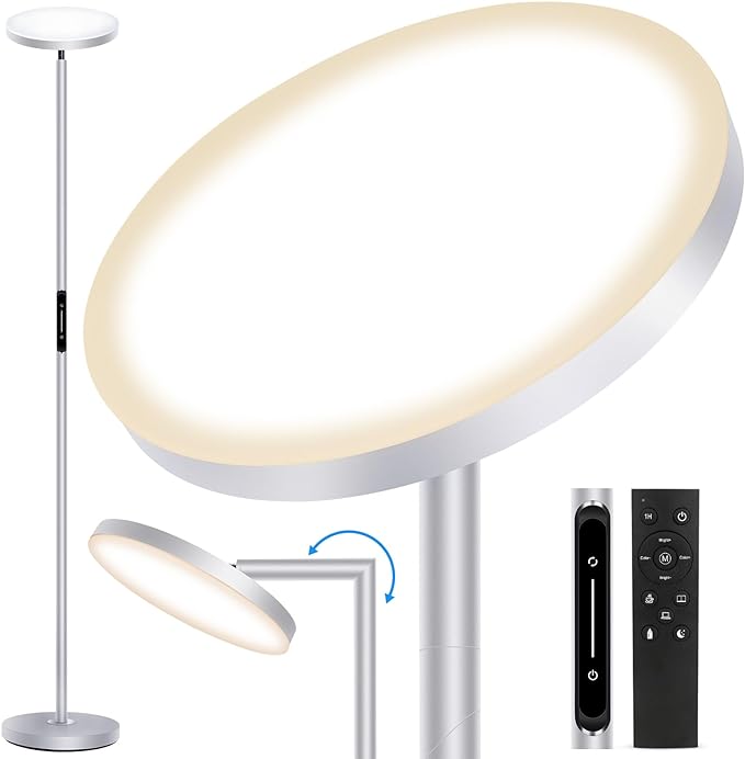 OUTON LED Torchiere Floor Lamp, 30W/3000LM Dimmable Super Bright Standing Lamp with Remote Touch Control, 4 Color Temperature, Memory Function for Living Room, Bedroom, Office (Cool Gray) - LeafyLoom