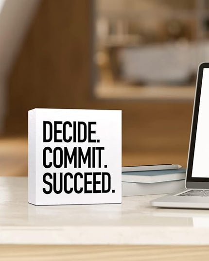 Decide Commit Succeed Wooden Sign Desk Decor,Motivational Fitness Gym Workout Quote Wood Block Sign Desk Decorations for Home Gym Office Desk Shelf Table Decor - LeafyLoom