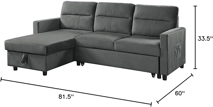 Velvet L-Shaped Sectional Sofa Sleeper with Storage Chaise & Side Pocket, Reversible 3 Seater Corner Couch with Pull Out Bed for Living Room Apartment Small Space, Dark Gray, 81.5 - LeafyLoom
