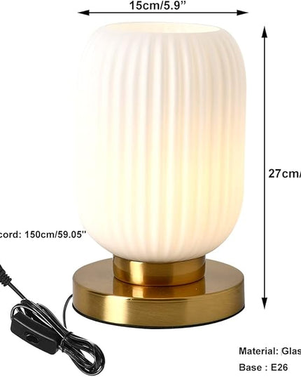 Modern Glass Table Lamp with Ribbed Shade, White, 10.6 x 5.9 inches, E26, for Bedside Bedroom Living Room Office - LeafyLoom