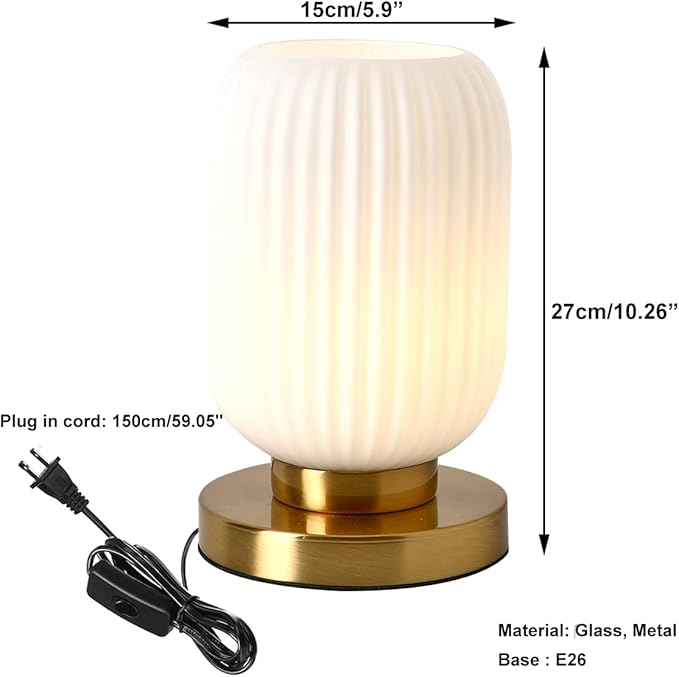 Modern Glass Table Lamp with Ribbed Shade, White, 10.6 x 5.9 inches, E26, for Bedside Bedroom Living Room Office - LeafyLoom
