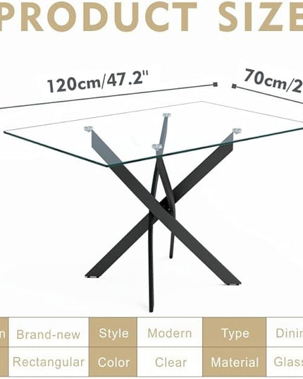 Tempered Glass Dining Table with Black Metal Legs, 47in Modern Rectangular Kitchen Table for Kitchen Dining Room Home Office (47.24 * 27.55, Black) - LeafyLoom
