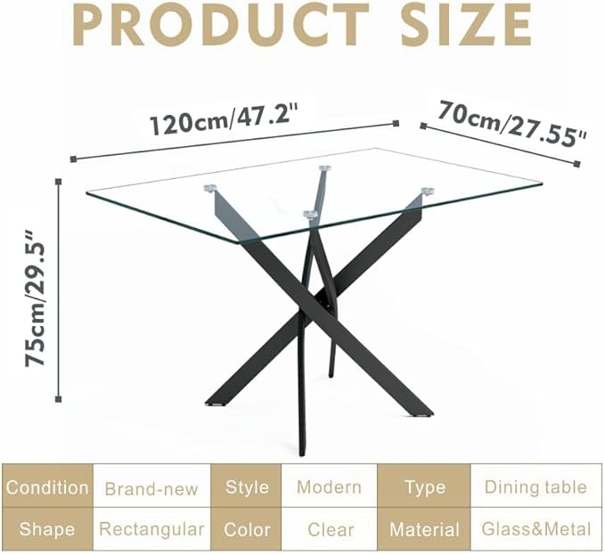 Tempered Glass Dining Table with Black Metal Legs, 47in Modern Rectangular Kitchen Table for Kitchen Dining Room Home Office (47.24 * 27.55, Black) - LeafyLoom
