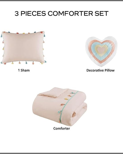 Mi Zone Kids Twin Comforter Set for Girls, Pink Comforter SetTwin Comforter Set, Tessa Adorable Twin Bedding Sets for Girls, Fun Pom Pom Tassel, Sham, Boho Heart Throw Pillow, Twin, Blush 3 Piece - LeafyLoom