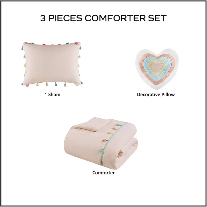 Mi Zone Kids Twin Comforter Set for Girls, Pink Comforter SetTwin Comforter Set, Tessa Adorable Twin Bedding Sets for Girls, Fun Pom Pom Tassel, Sham, Boho Heart Throw Pillow, Twin, Blush 3 Piece - LeafyLoom
